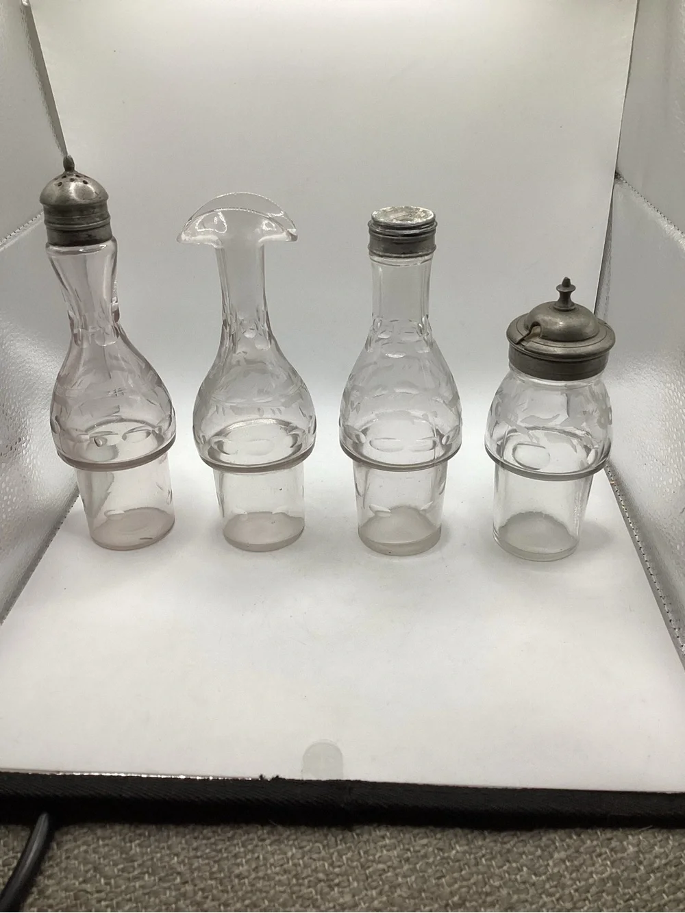 Clear Etched Glass Cruet and Shaker Set with Pewter Lids